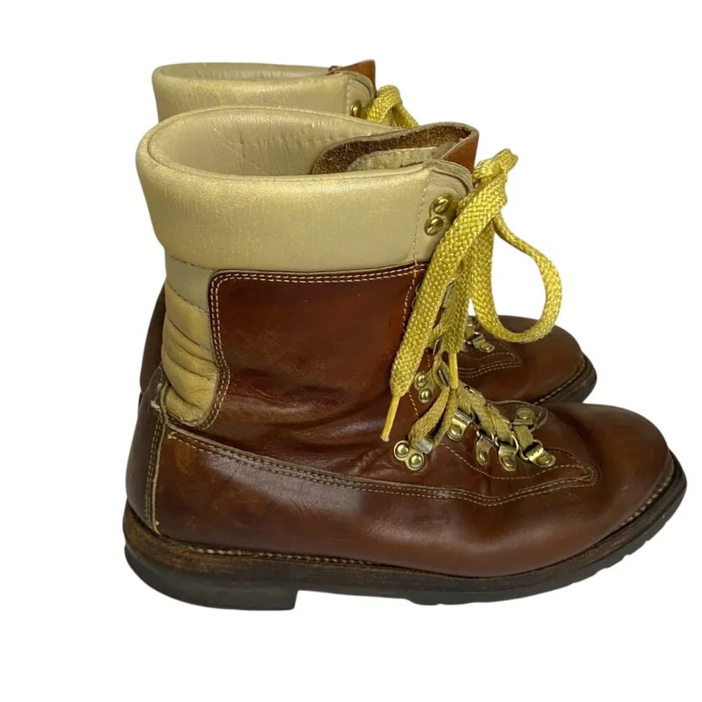 Vintage Genuine Sherpa‎ Lined Brown Leather Hiking Boots Lace Up Men 8.5EE